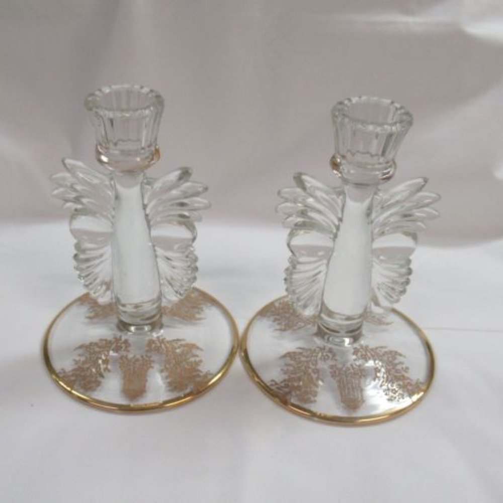 Paden City Glass Crystal Gold Encrusted 6 In Gazebo Candle Sticks, Pair